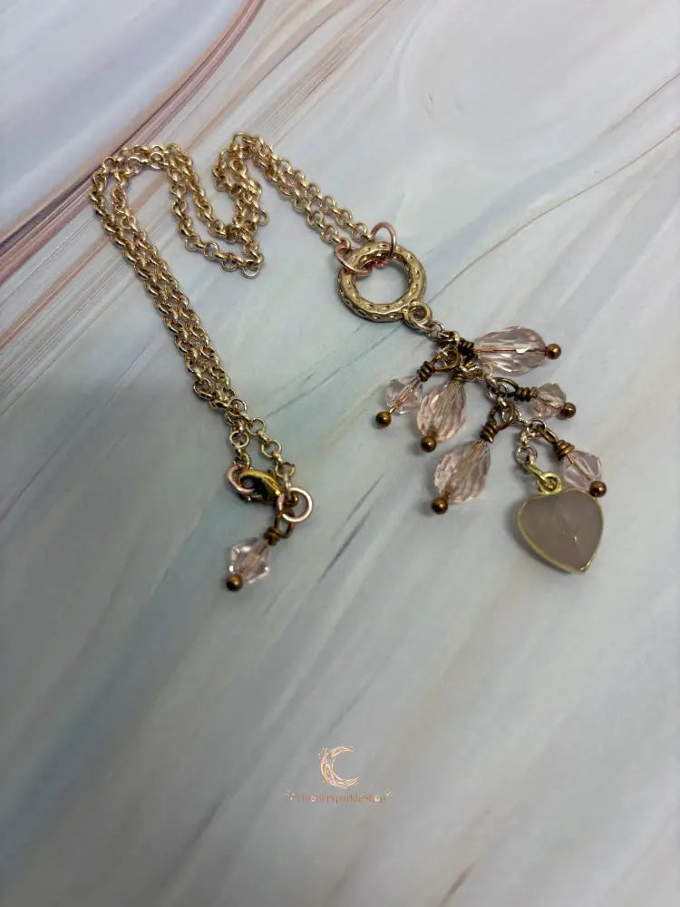 Rose Quartz Heart Pendant Necklace – Pink Crystal Waterfall 16