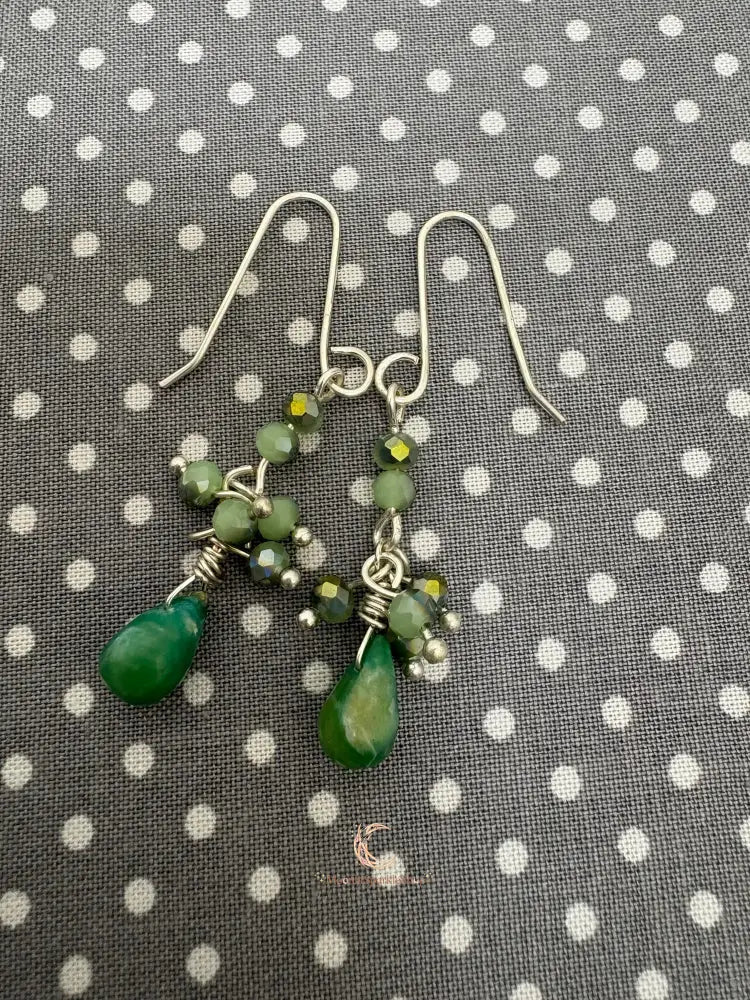 Peruvian Opal Earrings – Blue Green Gemstone Drop Dangle with Silver & Czech Crystal