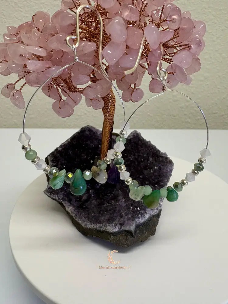 Peruvian Opal Earrings - Sterling Silver Hoop Dangles with Czech Glass Beads