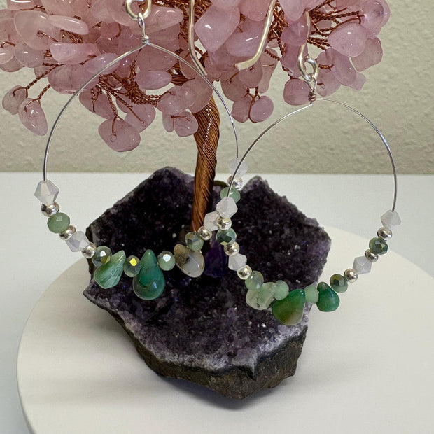 Peruvian Opal Earrings - Sterling Silver Hoop Dangles with Czech Glass Beads