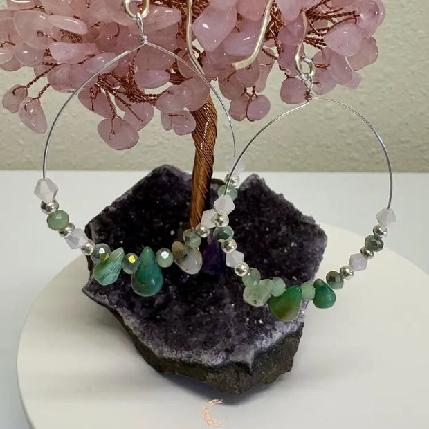 Peruvian Opal Earrings - Sterling Silver Hoop Dangles with Czech Glass Beads