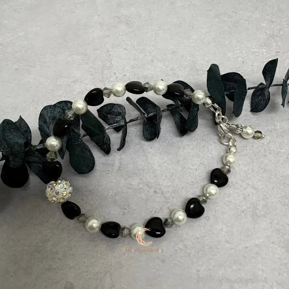 Black Onyx, Pearl & Crystal Bracelet - 7.75 Inch