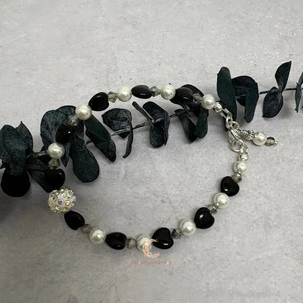 Black Onyx, Pearl & Crystal Bracelet - 7.75 Inch