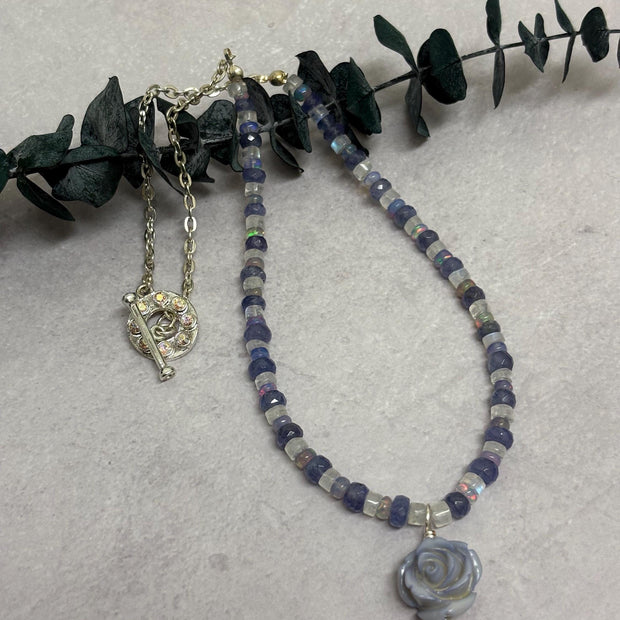 Tanzanite Opal Moonstone Necklace - Lavender Rose Pendant Sterling Silver
