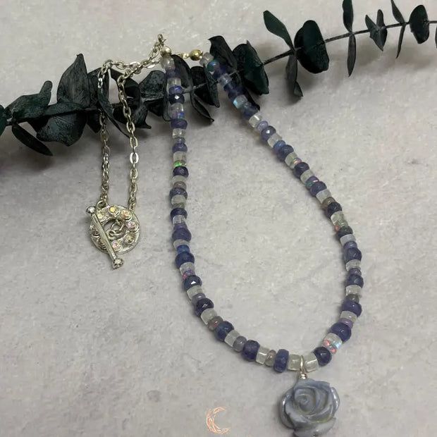 Tanzanite Opal Moonstone Necklace - Lavender Rose Pendant Sterling Silver