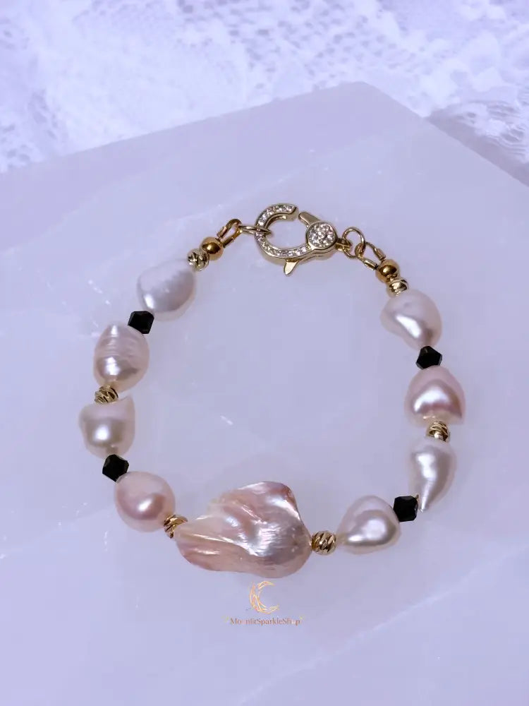 Quiet Balance Bracelet | Blush Baroque Pearl, Black Crystal & 18K Gold Filled | Elegant Handmade Jewelry