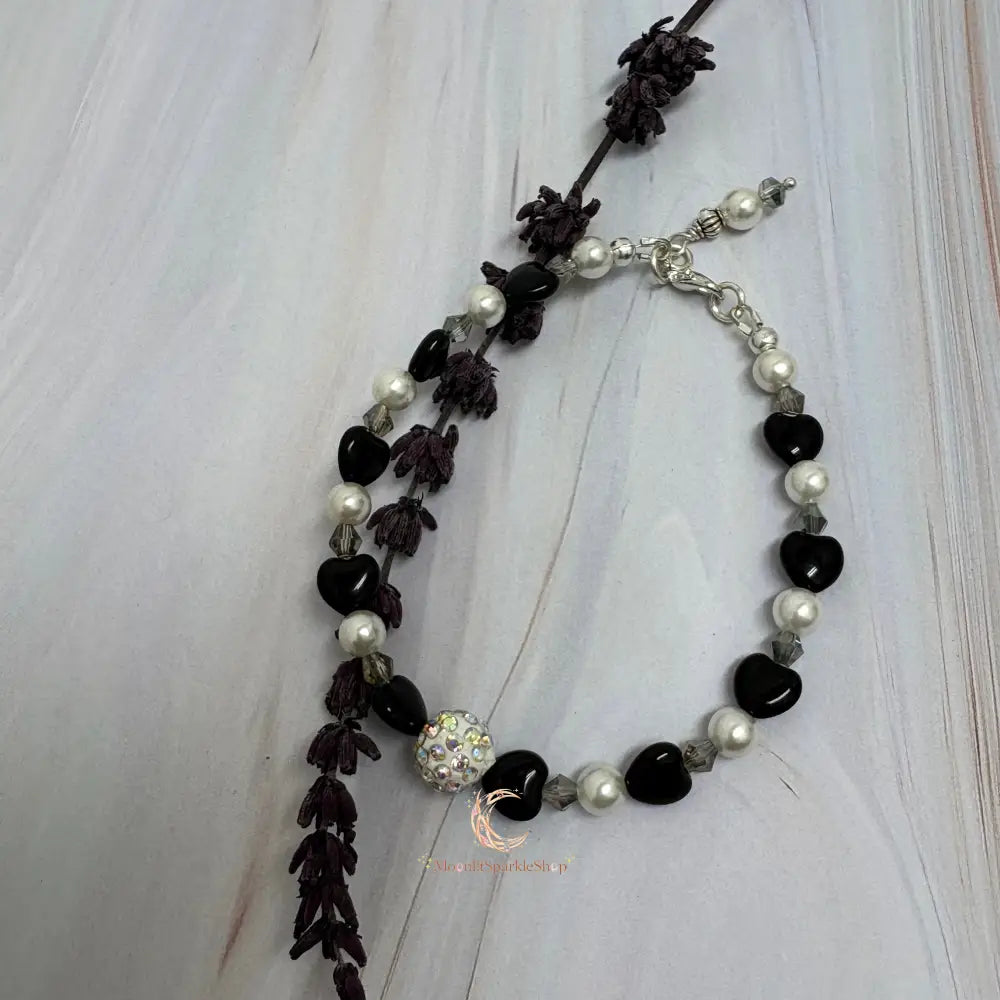 Black Onyx, Pearl & Crystal Bracelet - 7.75 Inch