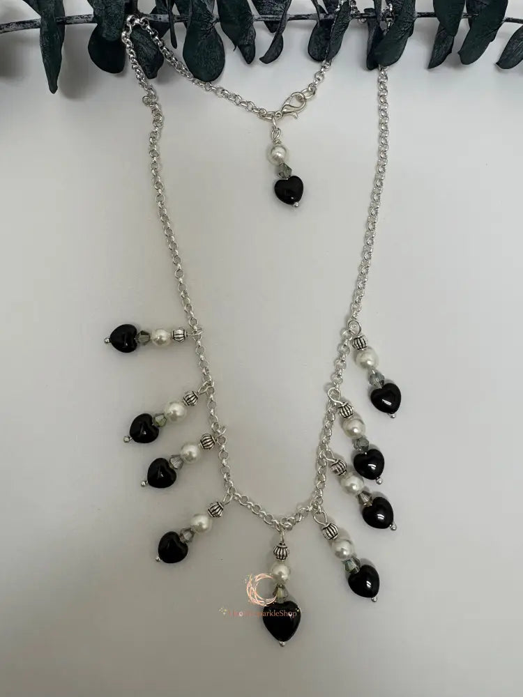 Black Onyx & White Pearl Silver Necklace - 17.75 Inch