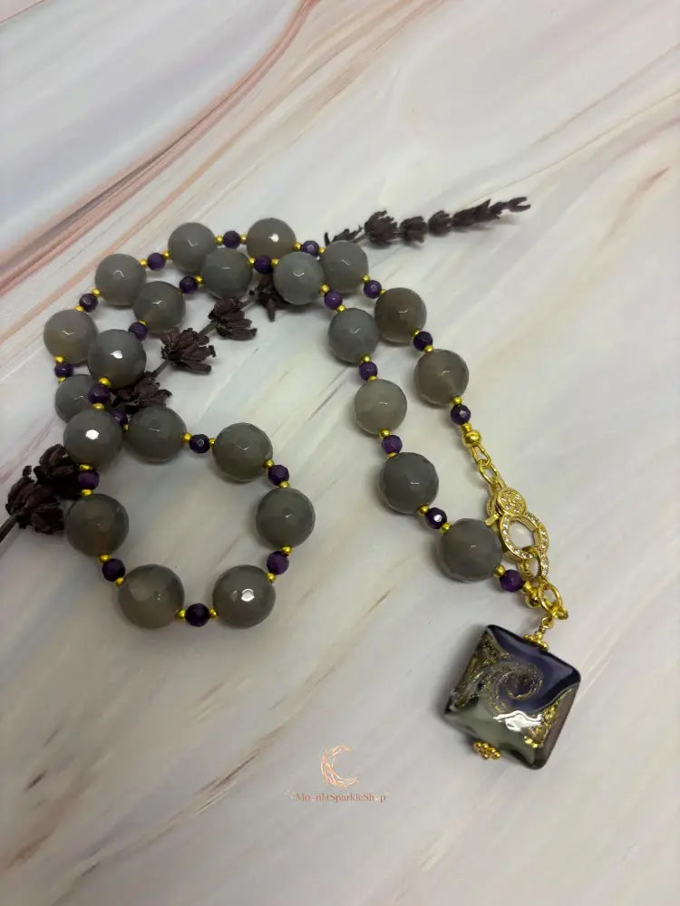 Gray Agate Amethyst Necklace – Dichroic Glass Pendant & Gold Plated Gemstone Jewelry
