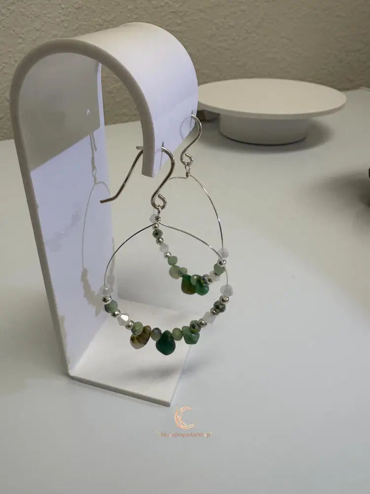 Peruvian Opal Earrings - Sterling Silver Hoop Dangles with Czech Glass Beads