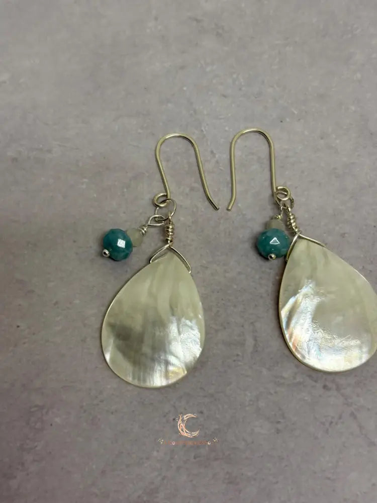 Mother of Pearl Drop Earrings - Aquamarine Moonstone Sterling Silver