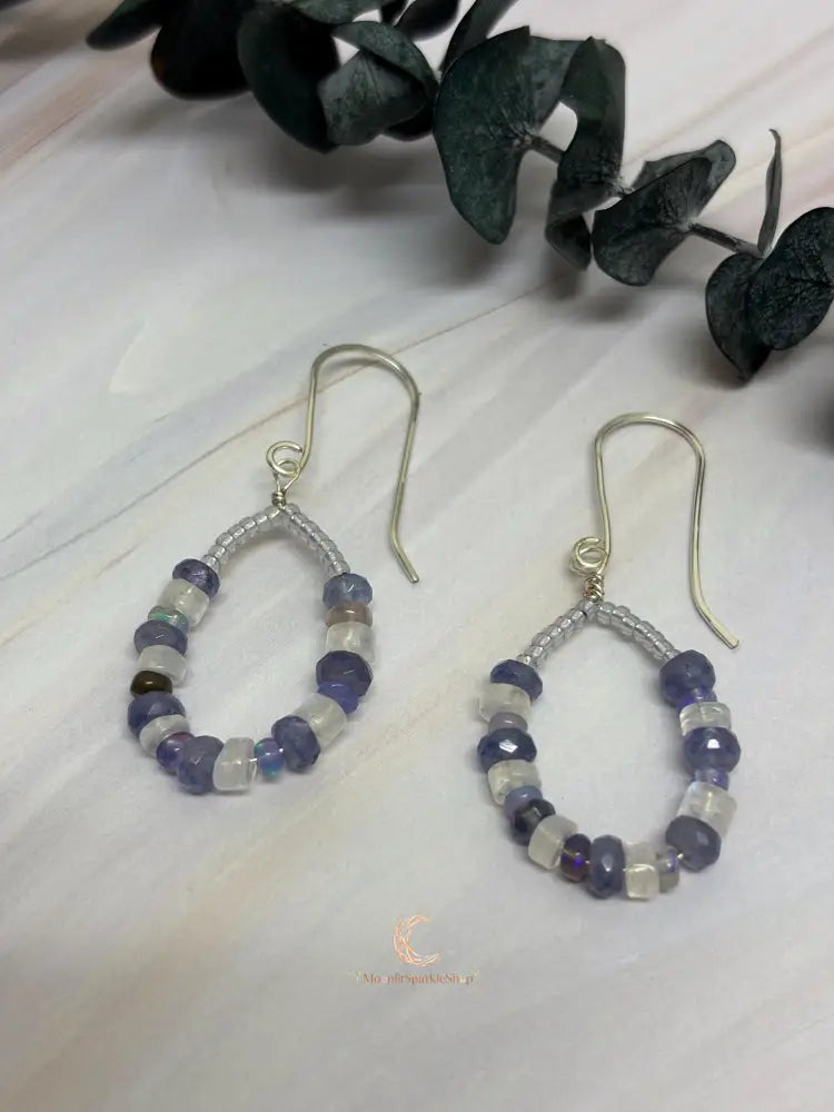 Tanzanite Opal Moonstone Earrings - Sterling Silver Handcrafted Drops