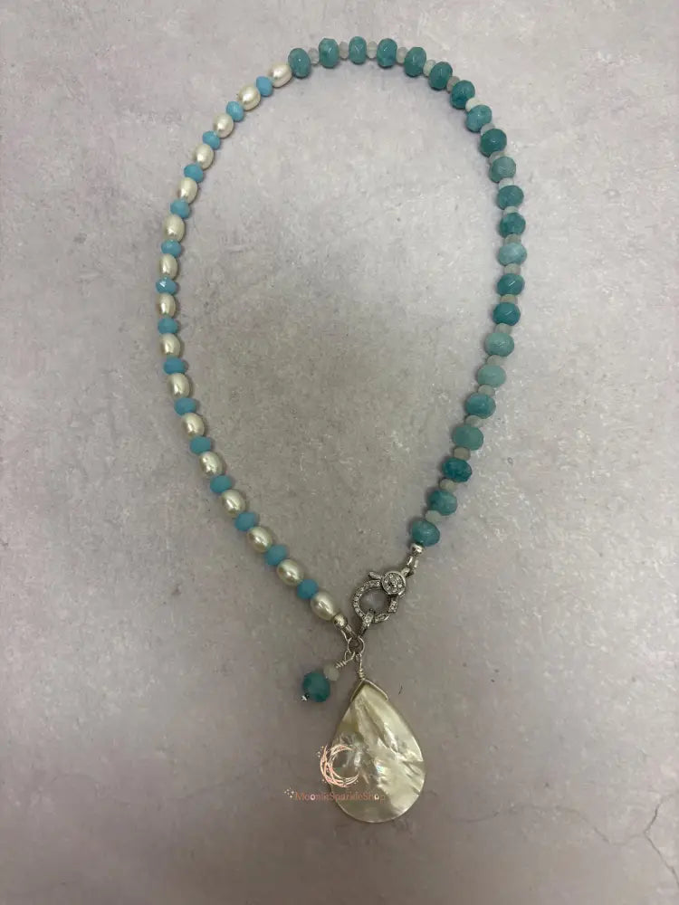 Aquamarine Pearl Pendant Necklace - Sterling Silver with Moonstone Accent