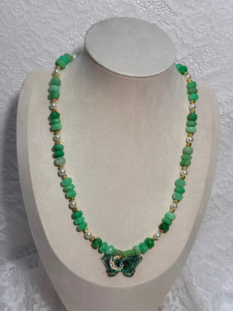 Emergence of Light Necklace - Chrysoprase, Cultured Pearl & Gold Filled with Butterfly Pendant