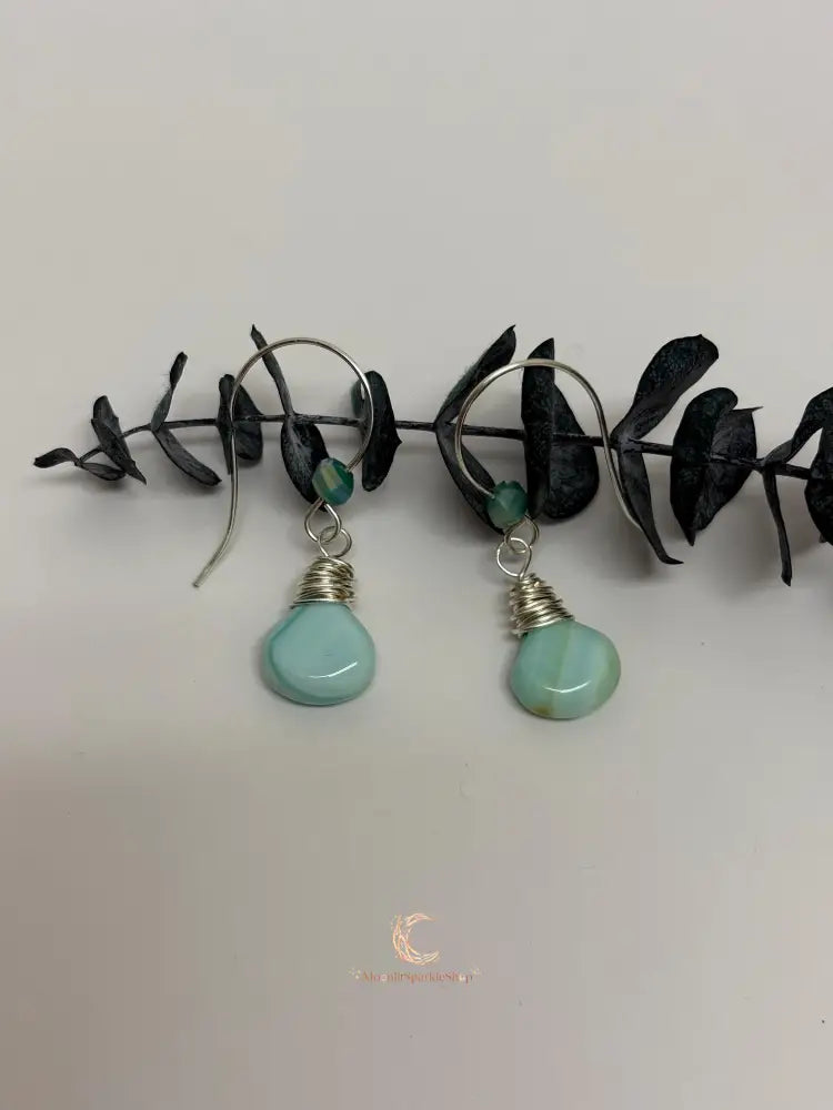 Blue Peruvian Opal Earrings – Silver Wire Wrapped Drop Gemstone Jewelry