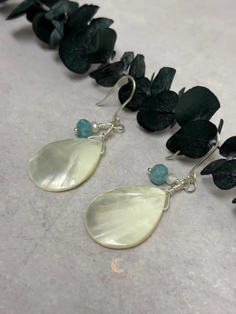 Mother of Pearl Drop Earrings - Aquamarine Moonstone Sterling Silver