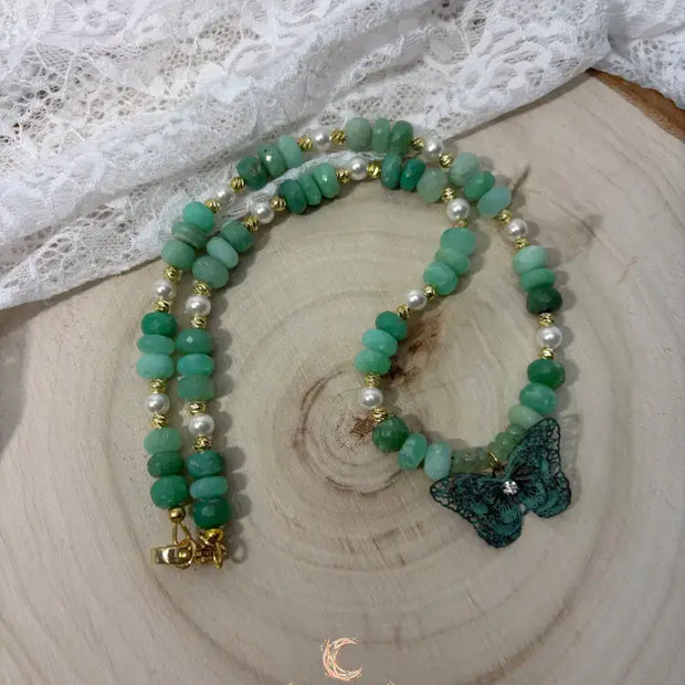 Emergence of Light Necklace - Chrysoprase, Cultured Pearl & Gold Filled with Butterfly Pendant