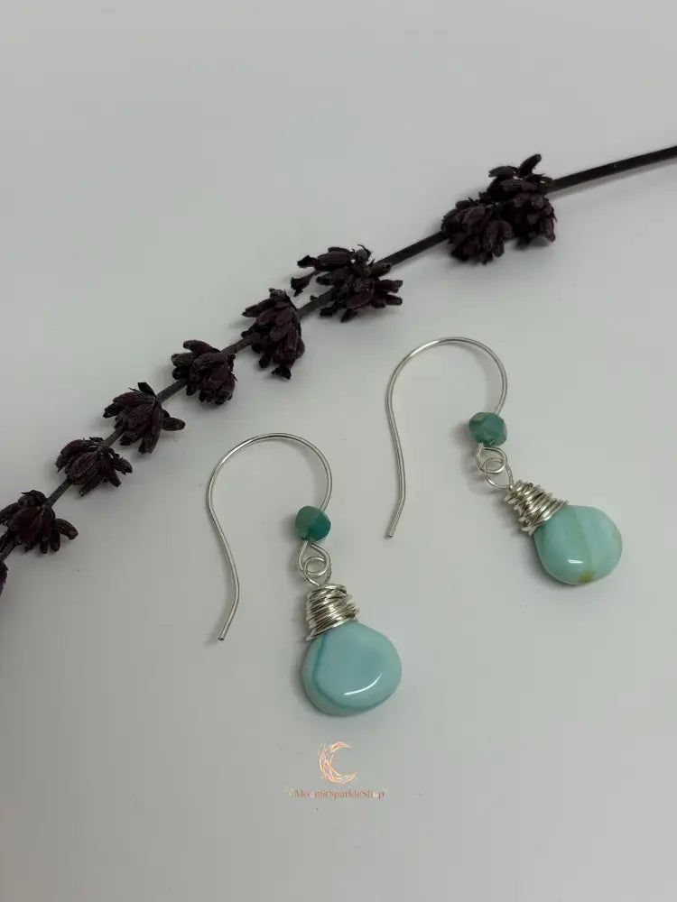 Blue Peruvian Opal Earrings – Silver Wire Wrapped Drop Gemstone Jewelry