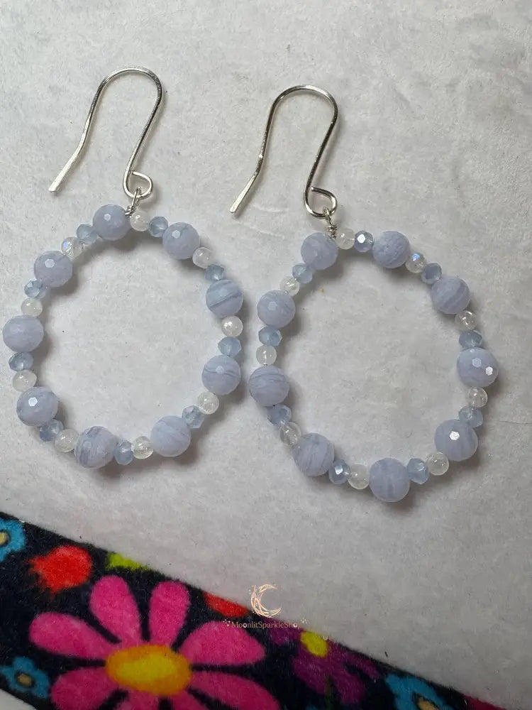 Blue Lace Agate Moonstone Hoop Earrings – Sterling Silver Gemstone Dangle Jewelry