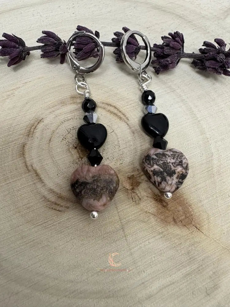 Rhodonite Heart Drop Earrings – Silver Lever Back Gemstone Jewelry