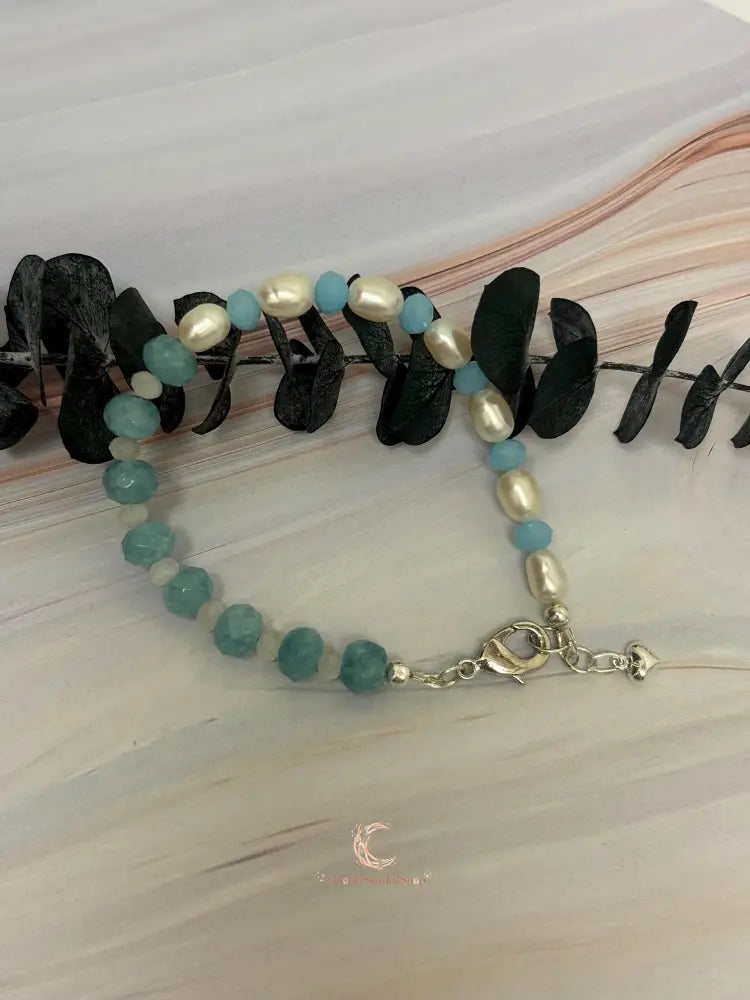 Aquamarine Pearl Bracelet - Sterling Silver with Moonstone & Heart Charm