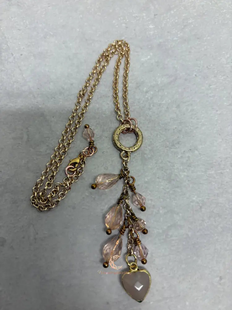 Rose Quartz Heart Pendant Necklace – Pink Crystal Waterfall 16