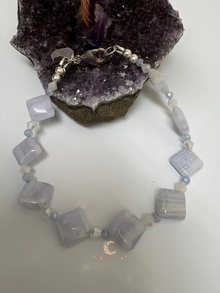 Blue Lace Agate Bracelet – Druzy Moon Charm Gemstone Crystal Jewelry