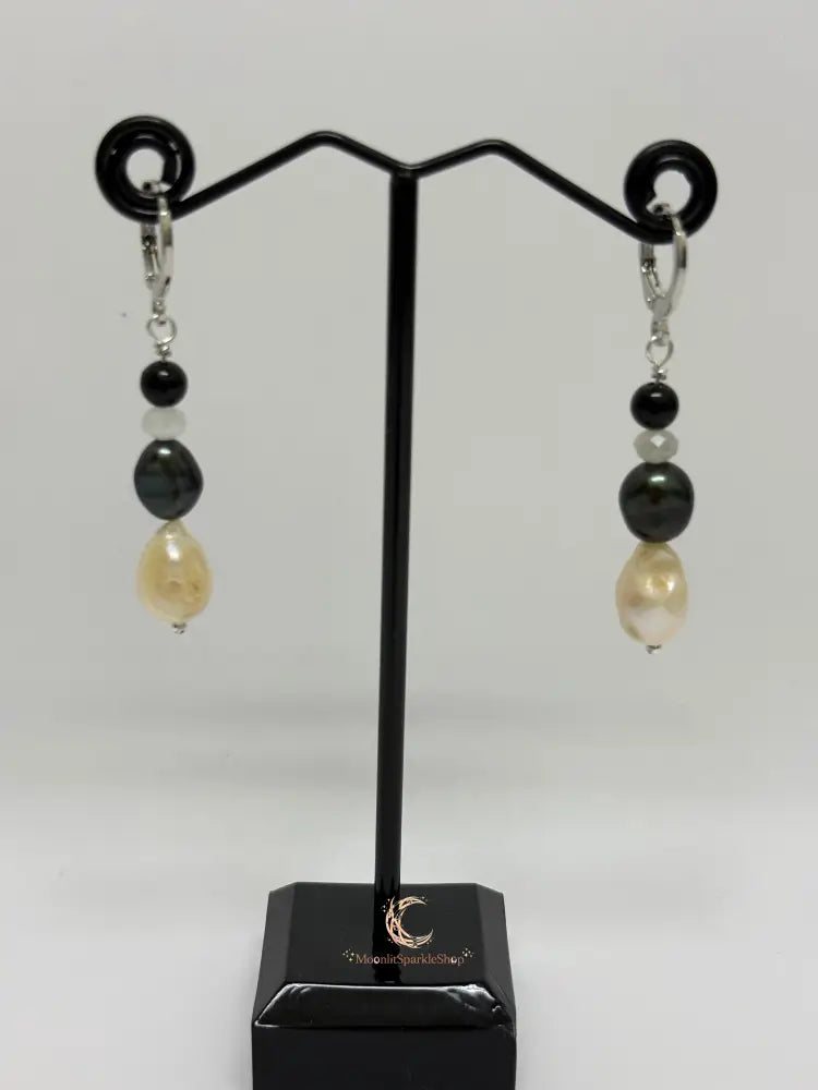 Between Shadow & Light Drop Earrings – Moonstone, Black Spinel & Pearl | The Knowing Collection