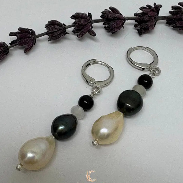 Between Shadow & Light Drop Earrings – Moonstone, Black Spinel & Pearl | The Knowing Collection