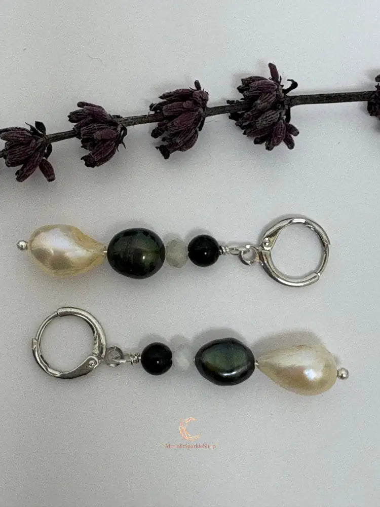 Between Shadow & Light Drop Earrings – Moonstone, Black Spinel & Pearl | The Knowing Collection