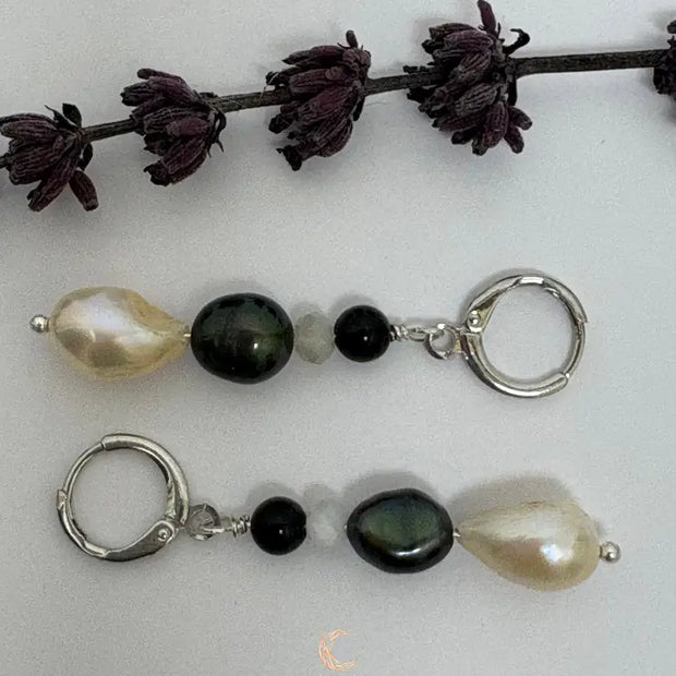 Between Shadow & Light Drop Earrings – Moonstone, Black Spinel & Pearl | The Knowing Collection