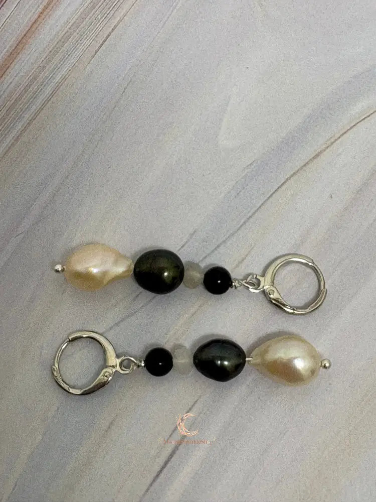 Between Shadow & Light Drop Earrings – Moonstone, Black Spinel & Pearl | The Knowing Collection