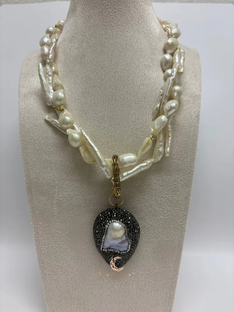 The Heart of Shadow & Light Necklace | Baroque Pearl Statement Necklace | Black Pavé Pendant Jewelry | Handmade Luxury Gift