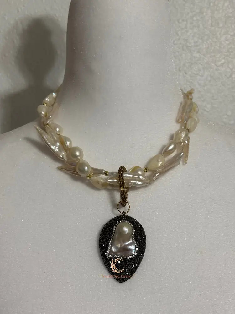The Heart of Shadow & Light Necklace | Baroque Pearl Statement Necklace | Black Pavé Pendant Jewelry | Handmade Luxury Gift