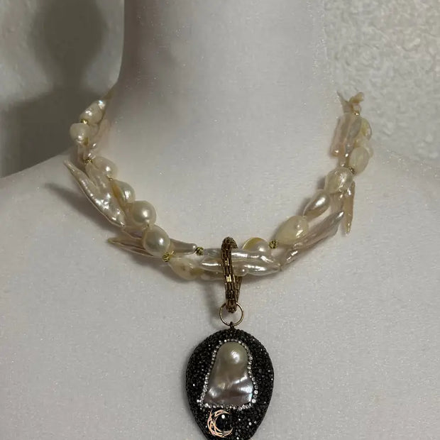 The Heart of Shadow & Light Necklace | Baroque Pearl Statement Necklace | Black Pavé Pendant Jewelry | Handmade Luxury Gift