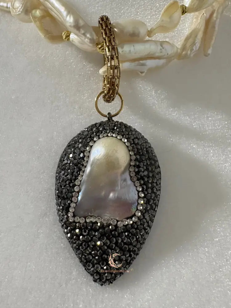The Heart of Shadow & Light Necklace | Baroque Pearl Statement Necklace | Black Pavé Pendant Jewelry | Handmade Luxury Gift