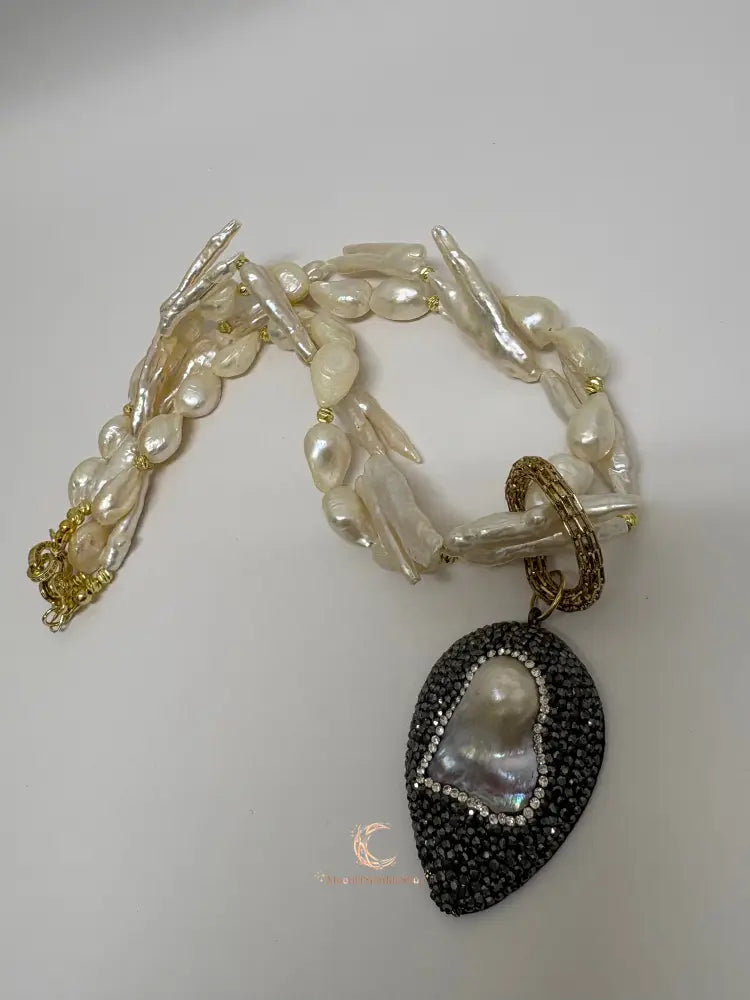 The Heart of Shadow & Light Necklace | Baroque Pearl Statement Necklace | Black Pavé Pendant Jewelry | Handmade Luxury Gift