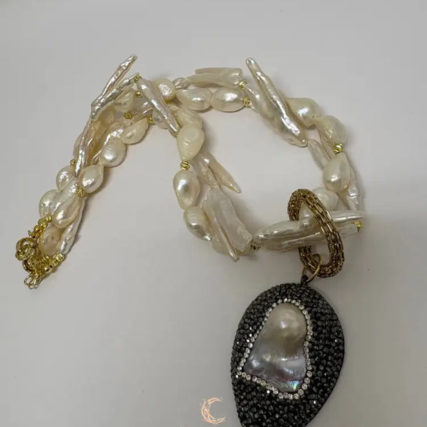 The Heart of Shadow & Light Necklace | Baroque Pearl Statement Necklace | Black Pavé Pendant Jewelry | Handmade Luxury Gift