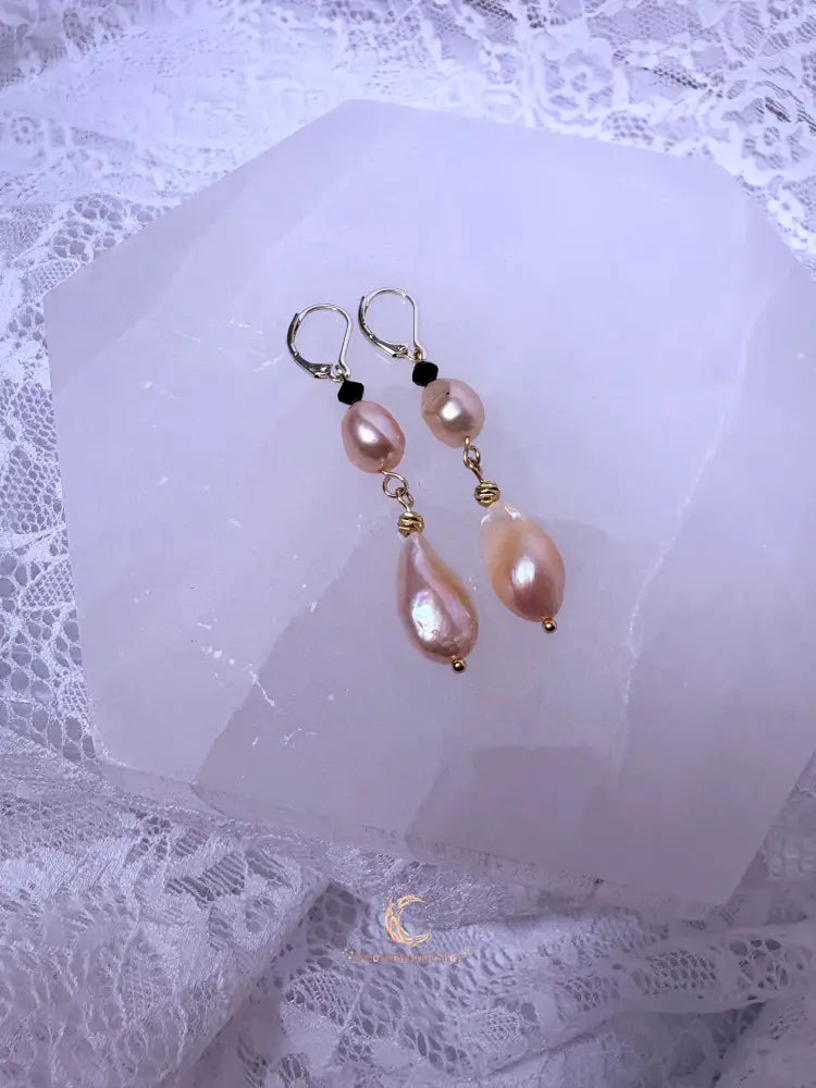 Quiet Balance Drop Earrings | Blush Baroque Pearl & Black Crystal | 18K Gold Filled Elegant Dangles