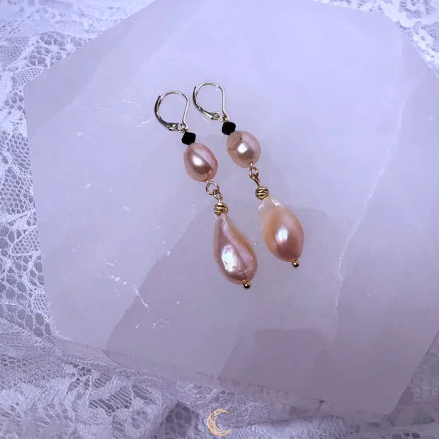 Quiet Balance Drop Earrings | Blush Baroque Pearl & Black Crystal | 18K Gold Filled Elegant Dangles