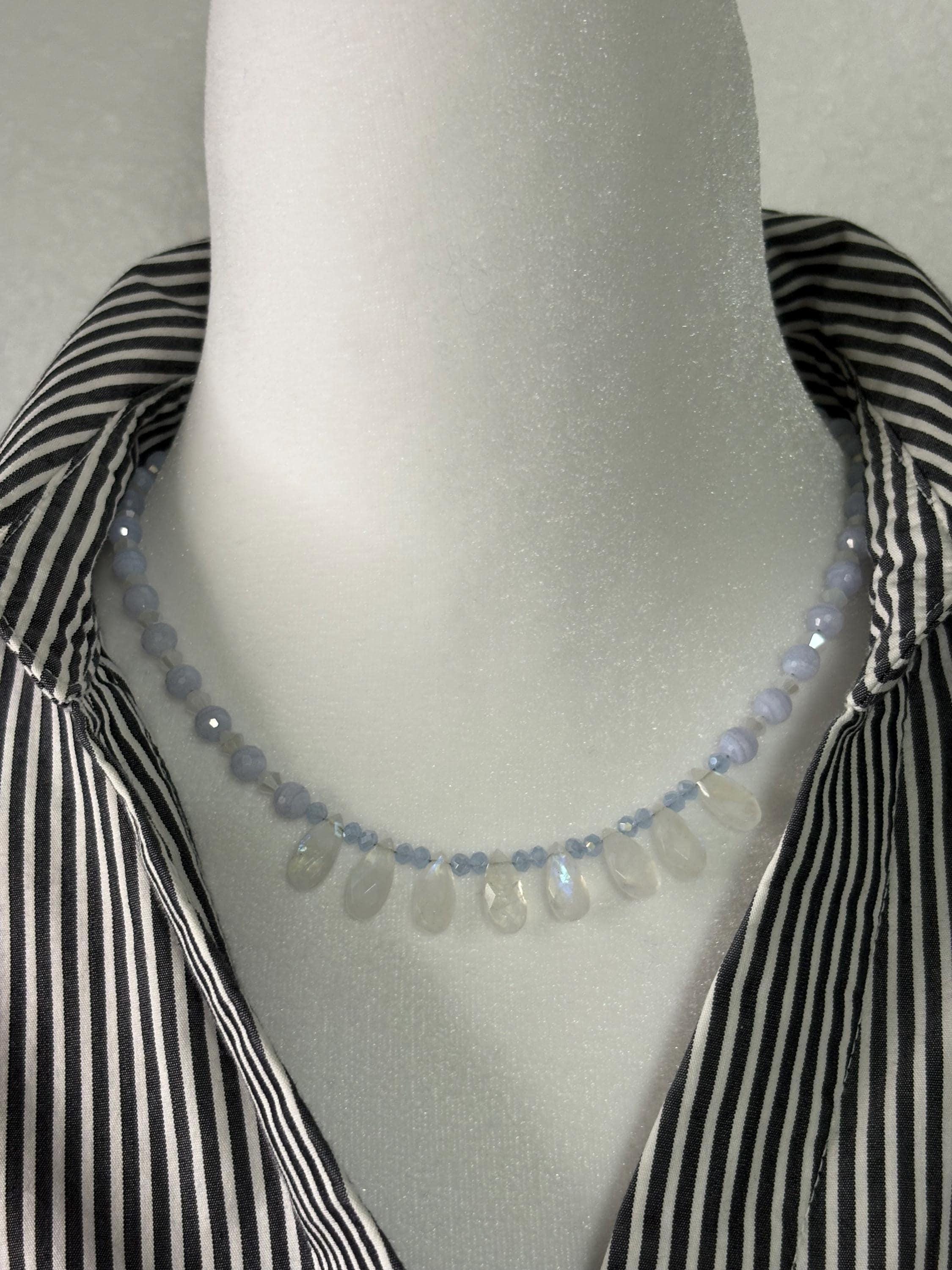 Moonstone Blue Lace Agate Necklace – Sterling Silver Teardrop Gemstone Jewelry