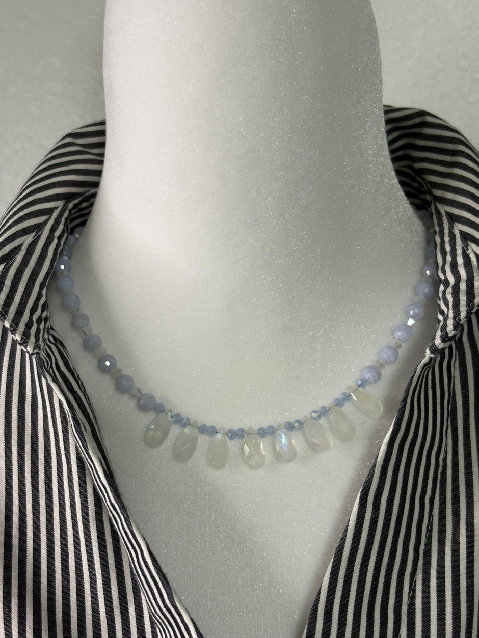 Moonstone Blue Lace Agate Necklace – Sterling Silver Teardrop Gemstone Jewelry