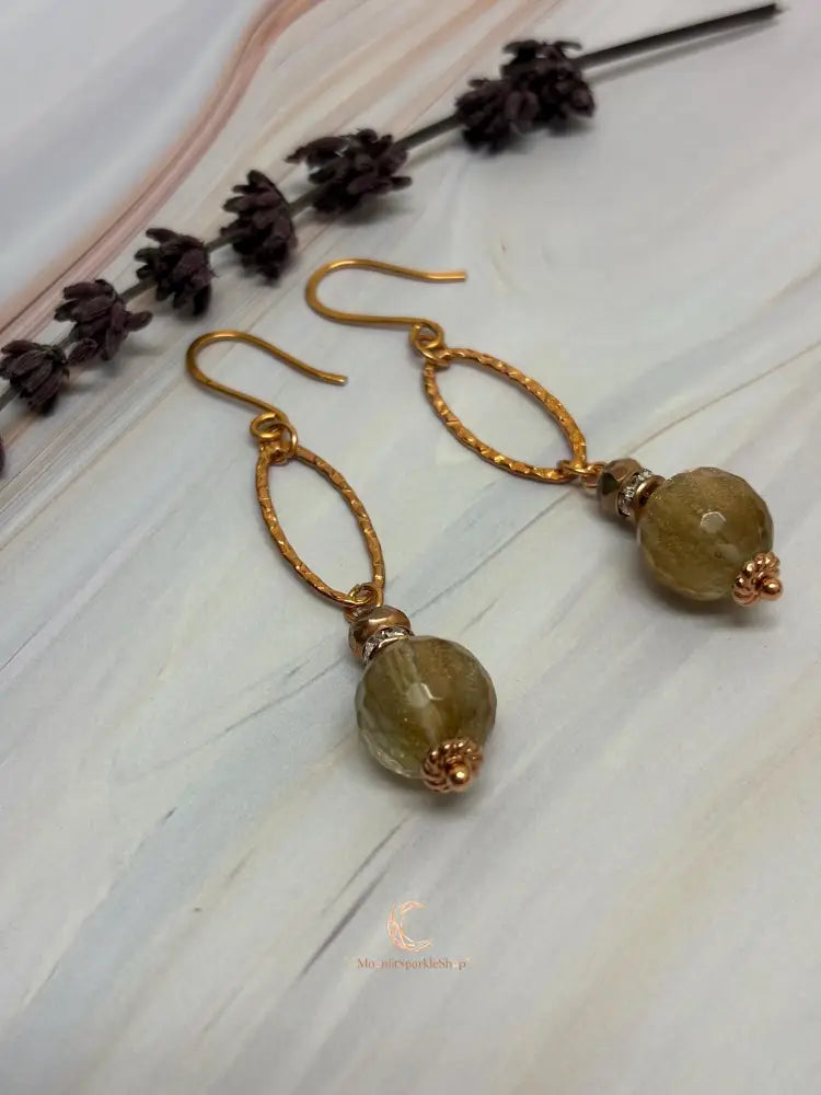 Rutilated Quartz Drop Earrings - Copper Gemstone Statement Jewelry