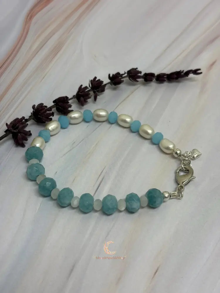 Aquamarine Pearl Bracelet - Sterling Silver with Moonstone & Heart Charm