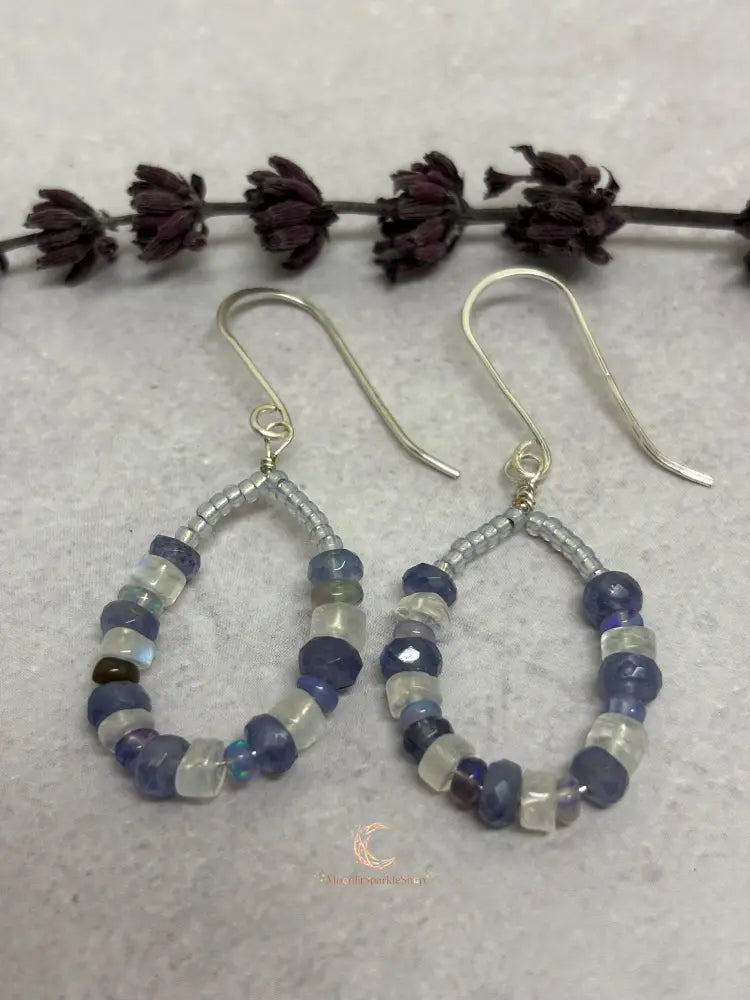 Tanzanite Opal Moonstone Earrings - Sterling Silver Handcrafted Drops