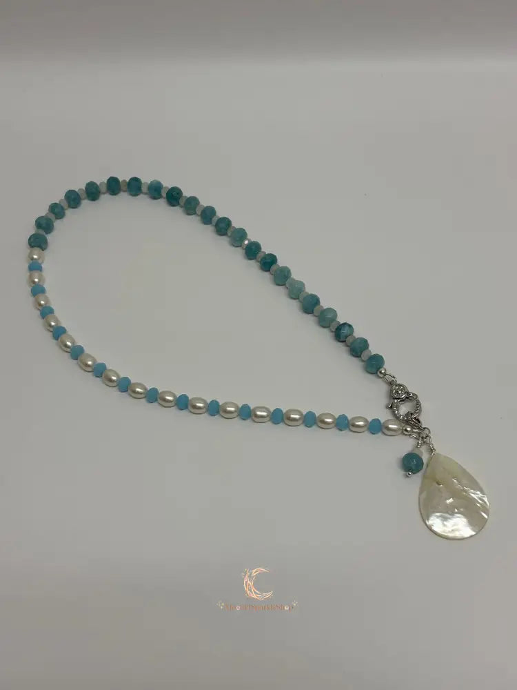 Aquamarine Pearl Pendant Necklace - Sterling Silver with Moonstone Accent