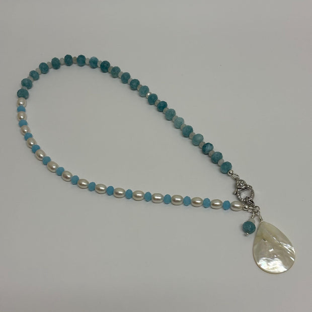 Aquamarine Pearl Pendant Necklace - Sterling Silver with Moonstone Accent