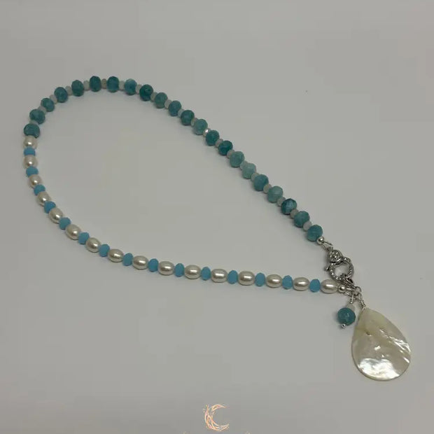 Aquamarine Pearl Pendant Necklace - Sterling Silver with Moonstone Accent
