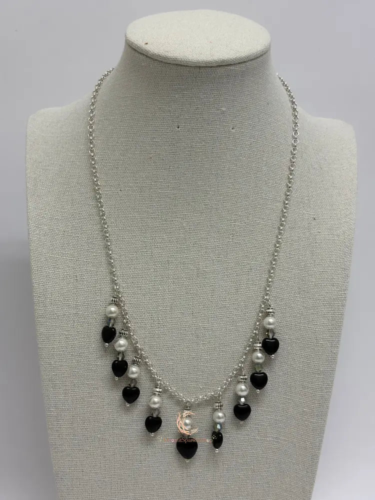 Black Onyx & White Pearl Silver Necklace - 17.75 Inch