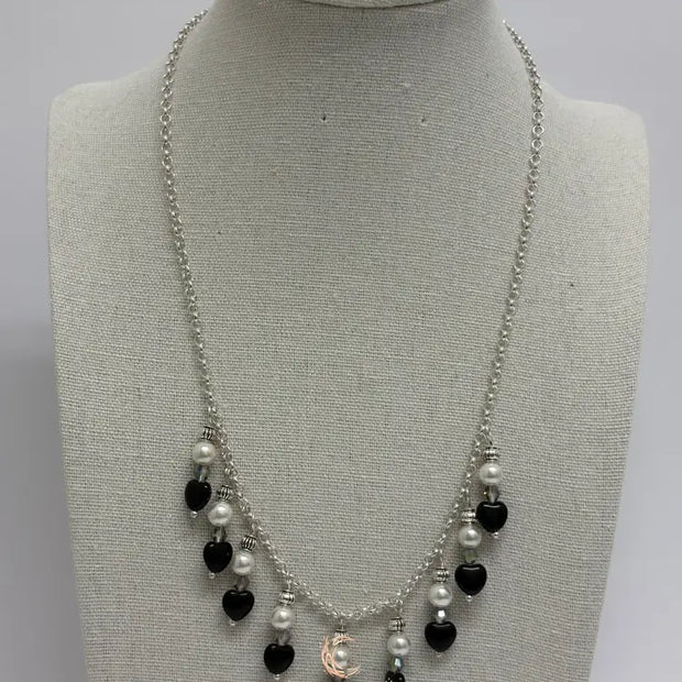 Black Onyx & White Pearl Silver Necklace - 17.75 Inch